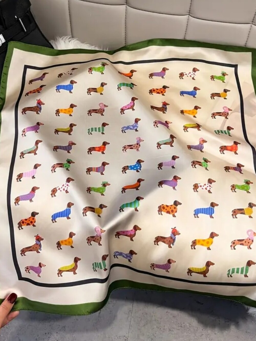 Silk-Feel Dog Print Scarf with Green Border